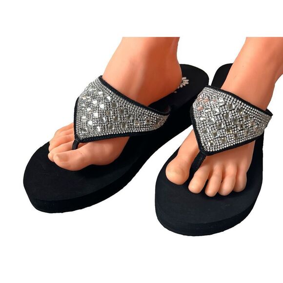 Yellow Box Flip Flops Black Sequined Thong Leather Sandals Women's 11 Birder New - Picture 2 of 11